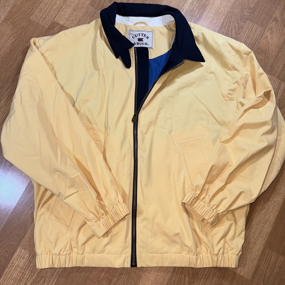 Cutter & Buck Mens XL Yellow Harrington Bomber Jacket Navy Collar Full Zip Golf